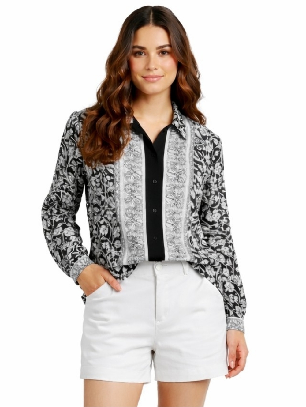 Impressions of California Black White Paisley Floral Blouse
